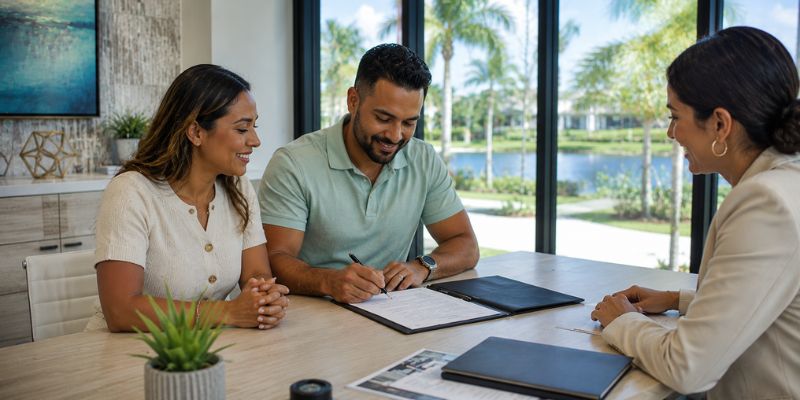 Husband and wife sitting at a table with their loan officer reviewing closing documents for new Florida home.
