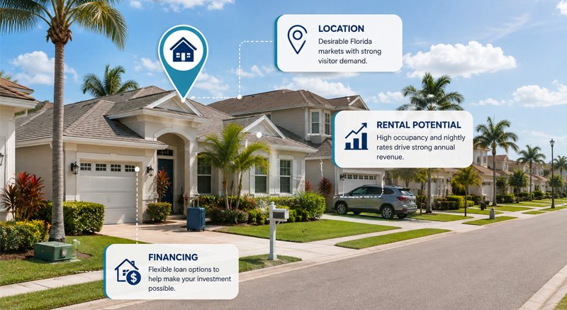 Florida neighborhood with a highlighted investment property and callouts for location, rental potential, and financing.