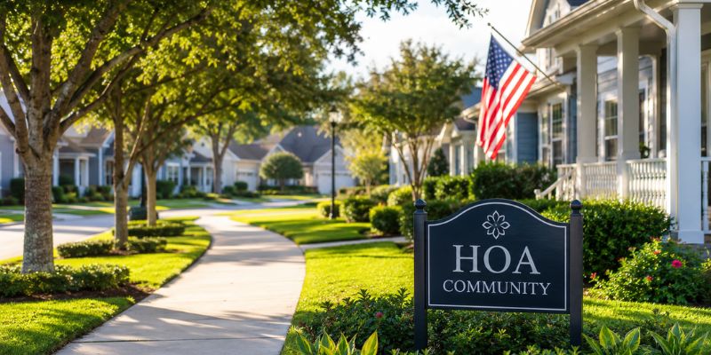 A neatly landscaped residential street with houses, an American flag, and a black sign reading “HOA Community” surrounded by green lawns and trees on a sunny day captures the charm of a typical Florida HOA community.