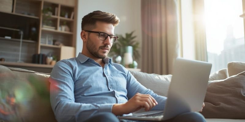 Young man sitting on couch with computer in lap researching his mortgage options
