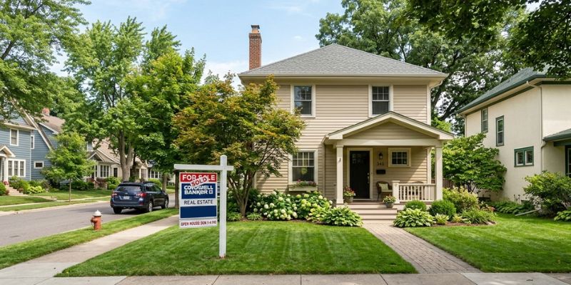 A two-story beige house with a covered front porch and well-kept lawn, located on a tree-lined street. A For Sale sign from a real estate agency is posted in the front yard near the sidewalk.
