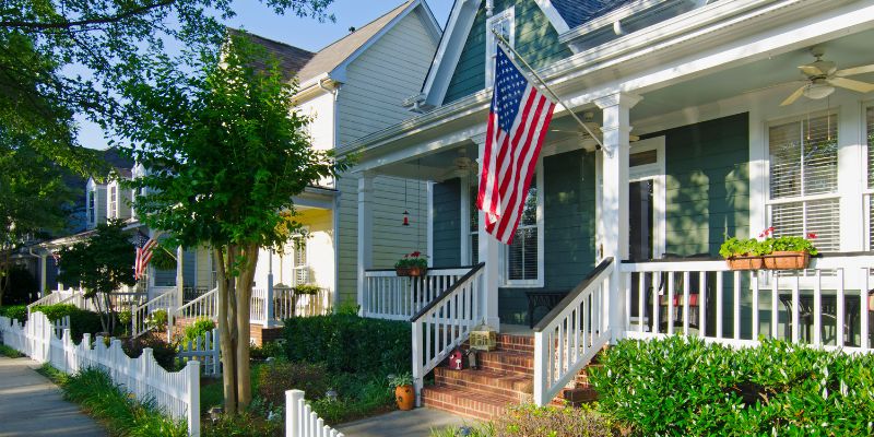 House with USA flag on front porch