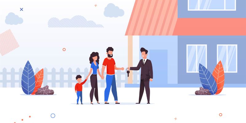 family in front of home with real estate agent graphic