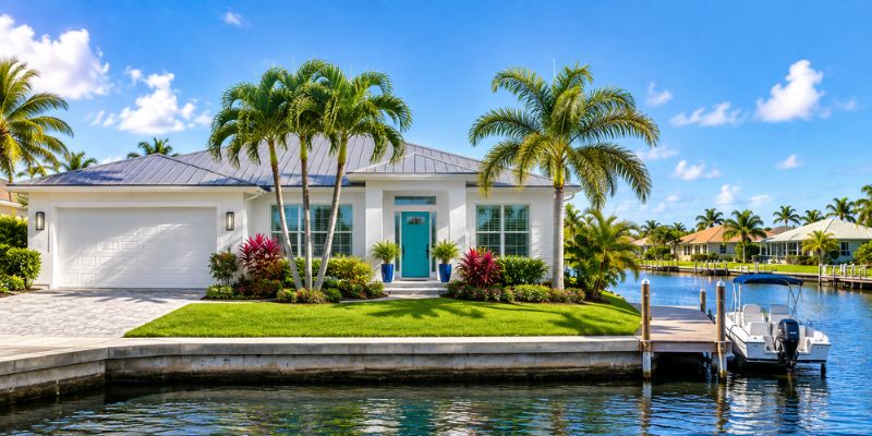 Modern white Florida waterfront home with a bright turquoise front door, tropical landscaping, palm trees, a private dock, and a small boat along a residential canal.