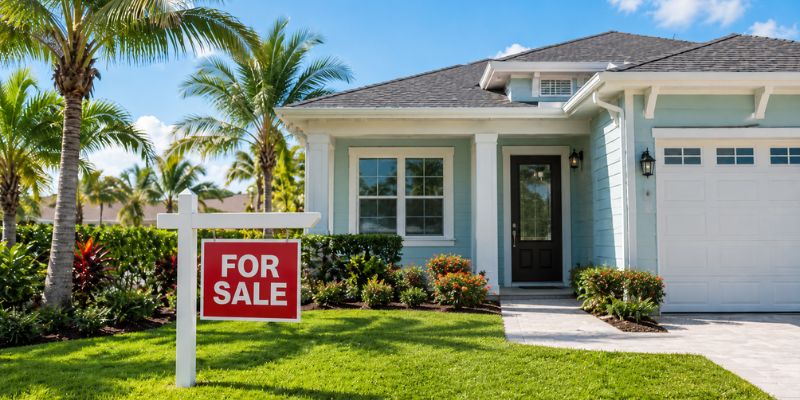 Light blue Florida home with a For Sale sign with palm trees and a well-kept lawn.